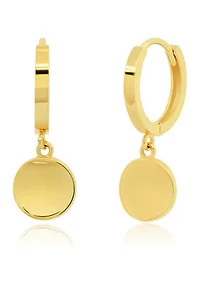 Genuine 14K Yellow Gold Minimalist Huggie Hoop Earrings with Dangle Round Plates