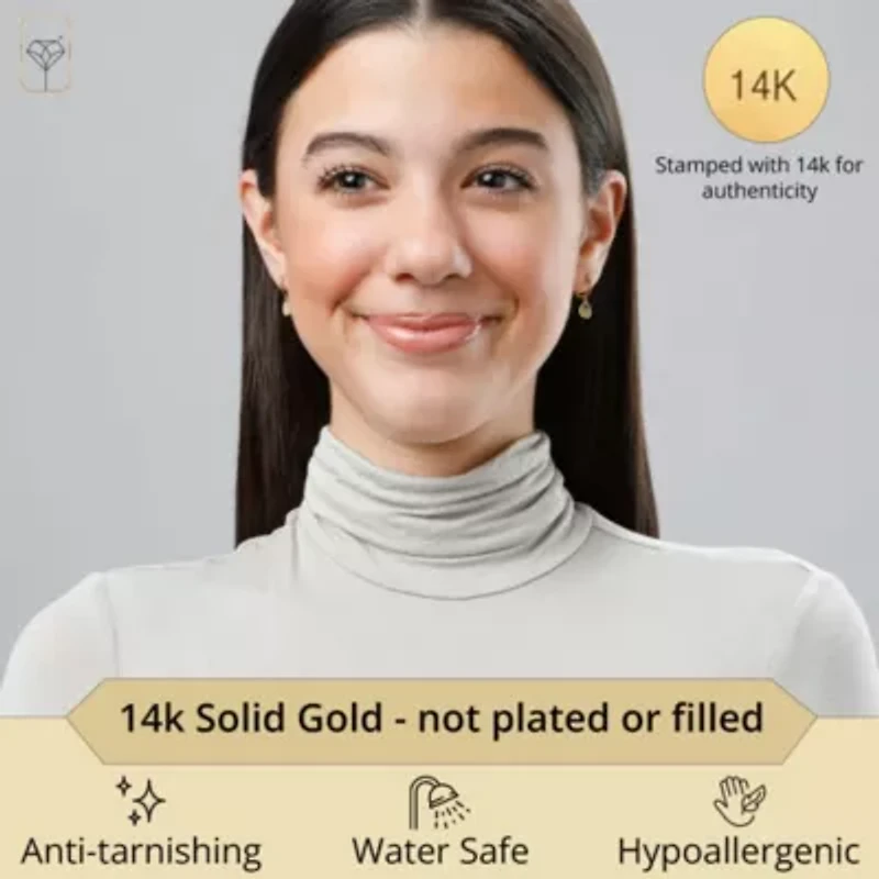 Genuine 14K Yellow Gold Minimalist Huggie Hoop Earrings with Dangle Round Plates