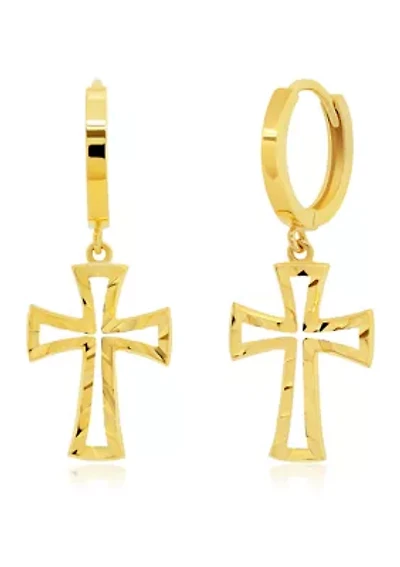 Genuine 14K Yellow Gold Minimalist Huggie Hoop Earrings with Dangle Diamond-Cut Cross
