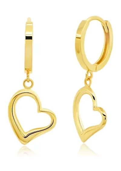 Genuine 14K Yellow Gold Minimalist Huggie Hoop Earrings with Dangle Hearts