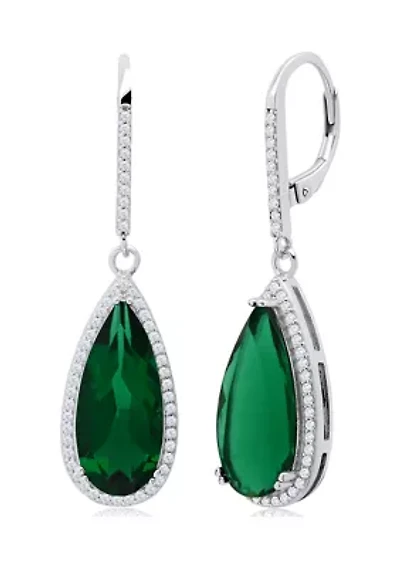 Pear-Cut Green Quartz and White Topaz Halo Dangle Lever Back Earrings in Sterling Silver (18 in x 8 mm)