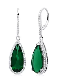 Pear-Cut Green Quartz and White Topaz Halo Dangle Lever Back Earrings in Sterling Silver (18 in x 8 mm)