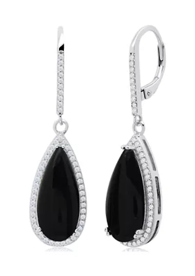 Pear Cut Onyx Quartz and White Topaz Halo Dangle Leverback Earrings in Sterling Silver (18x8mm)