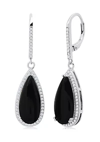 Pear Cut Onyx Quartz and White Topaz Halo Dangle Leverback Earrings in Sterling Silver (18x8mm)