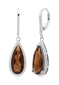 Pear-Cut Smoky Quartz and White Topaz Halo Dangle Lever Back Earrings in Sterling Silver (18 in x 8 mm)