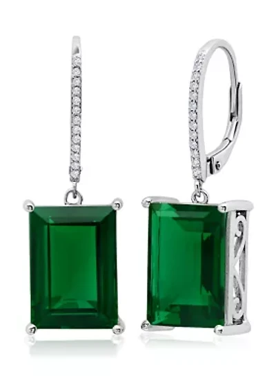 Emerald Cut Green Quartz Dangle White Topaz Detail Leverback Earrings in Sterling Silver 