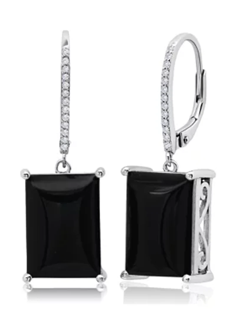 Emerald-Cut Onyx Quartz Dangle White Topaz Detail Lever Back Earrings in Sterling Silver (14 mm x 10 mm)