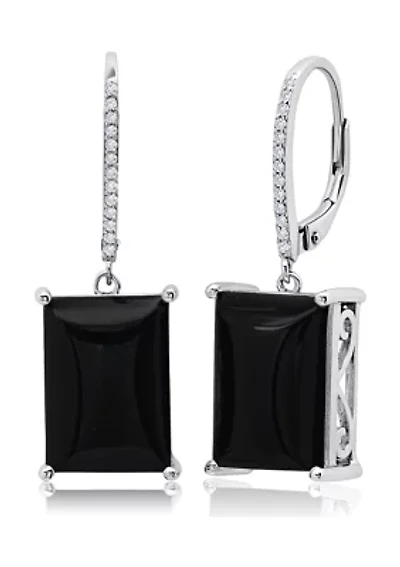 Emerald-Cut Onyx Quartz Dangle White Topaz Detail Lever Back Earrings in Sterling Silver (14 mm x 10 mm) 