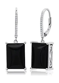 Emerald-Cut Onyx Quartz Dangle White Topaz Detail Lever Back Earrings in Sterling Silver (14 mm x 10 mm) 