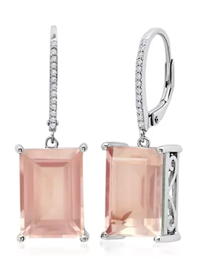 Emerald Cut Rose Quartz  Dangle White Topaz Detail Leverback Earrings in Sterling Silver (14x10mm)