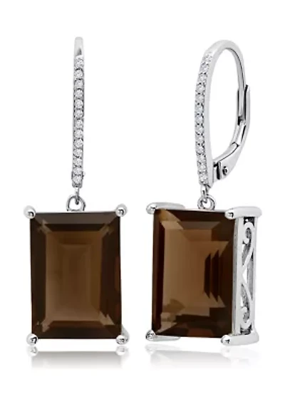 Emerald-Cut Smoky Quartz Dangle White Topaz Detail Lever Back Earrings in Sterling Silver (14 mm x 10 mm)