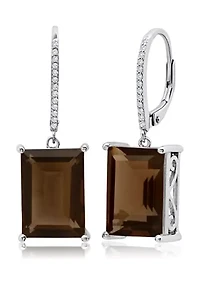 Emerald-Cut Smoky Quartz Dangle White Topaz Detail Lever Back Earrings in Sterling Silver (14 mm x 10 mm)