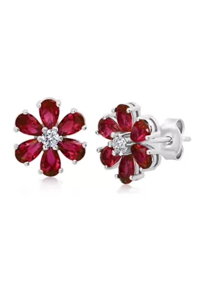 Created Ruby Flower Stud Earrings in 925 Sterling Silver 