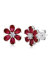 Created Ruby Flower Stud Earrings in 925 Sterling Silver 