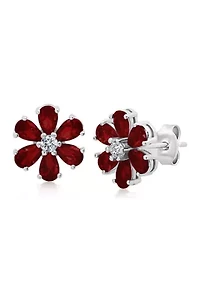 Garnet Flower Stud Earrings in 925 Sterling Silver (0.5 Inch)