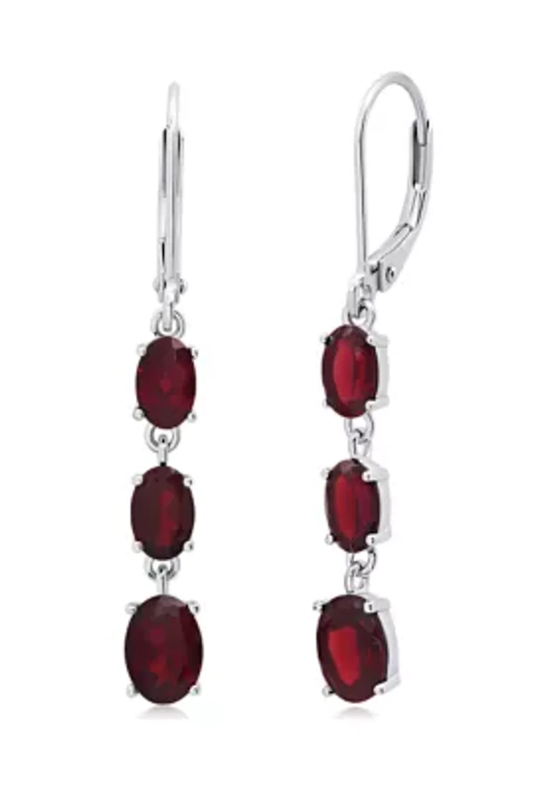 Genuine Garnet Oval Shape Dangle Earrings in 925 Sterling Silver