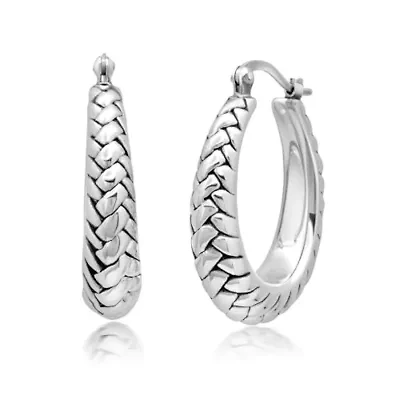 925 Sterling Silver Chunky Textured Braided Oval Hoop Earrings for Women | Hypoallergenic Chunky Silver Earrings | Anti Tarnish Silver Hoop Earrings for Women by MAX + STONE