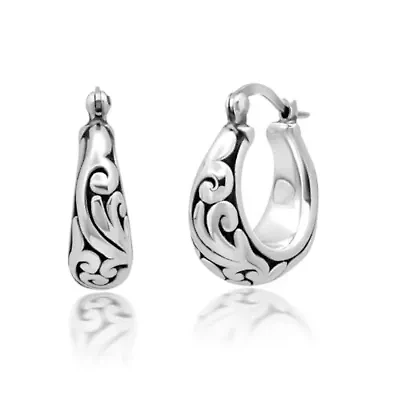 925 Sterling Silver Hoop Earrings for Women | Lightweight Oxidized Filigree Chunky Silver Earrings | Hypoallergenic Anti Tarnish Silver Hoop Earrings for Women by MAX + STONE