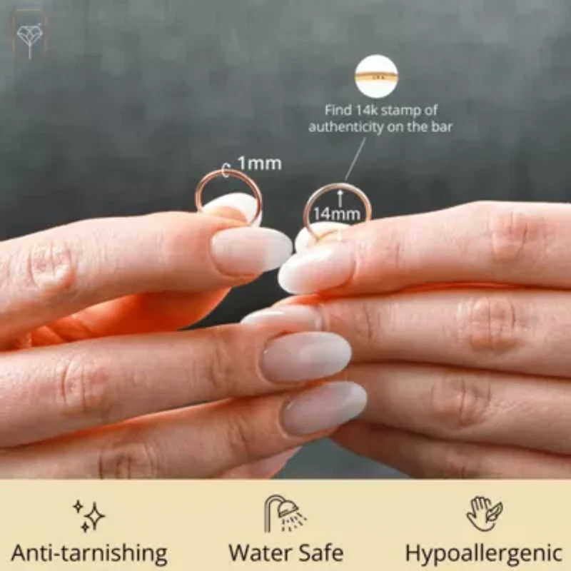 Solid 14k Gold Hoop Earrings 1mm Tube Flex Continuous in 10mm-14mm (0.4-1 Inch) Diameter Gold Hoop Earrings