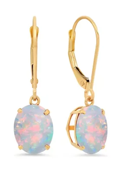 14K Yellow Gold Oval Created Opal Dangle Earrings