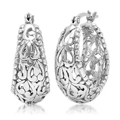 MAX + STONE Silver Filigree Earrings for Women with Click Tops | 925 Sterling Silver Earrings for Women with Anti-tarnishing Rhodium Plating | Sterling Silver Hoop Earrings