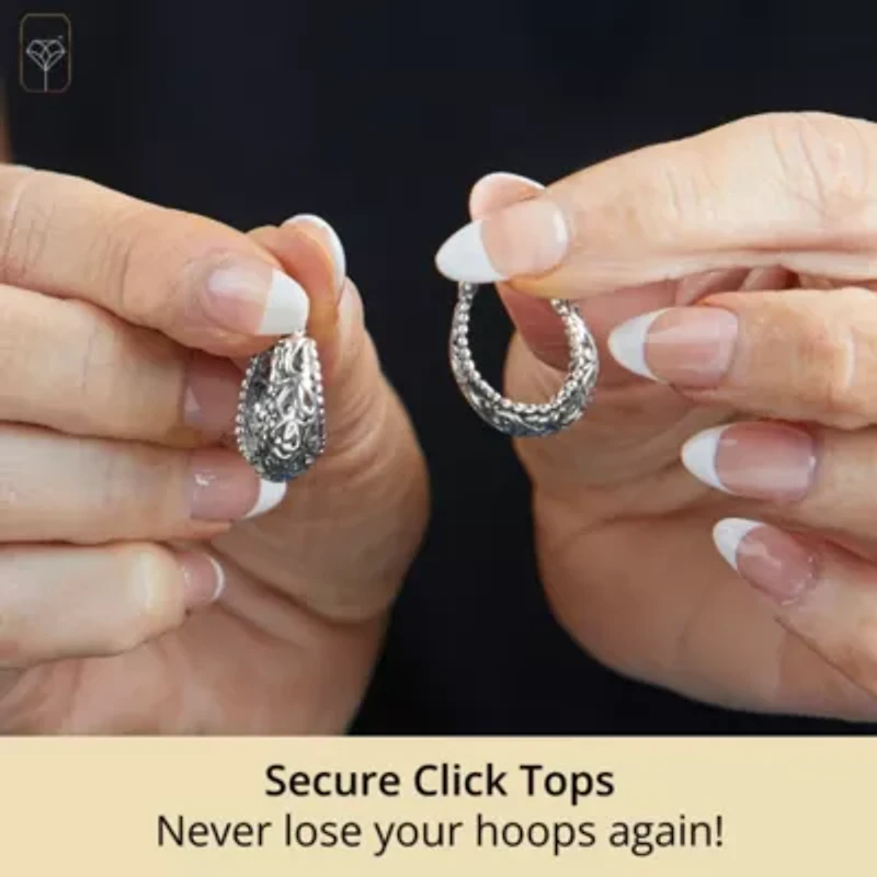 MAX + STONE Silver Filigree Earrings for Women with Click Tops | 925 Sterling Silver Earrings for Women with Anti-tarnishing Rhodium Plating | Sterling Silver Hoop Earrings