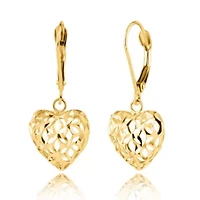 14K Yellow Gold Filigree Heart Shape Dangle Earrings