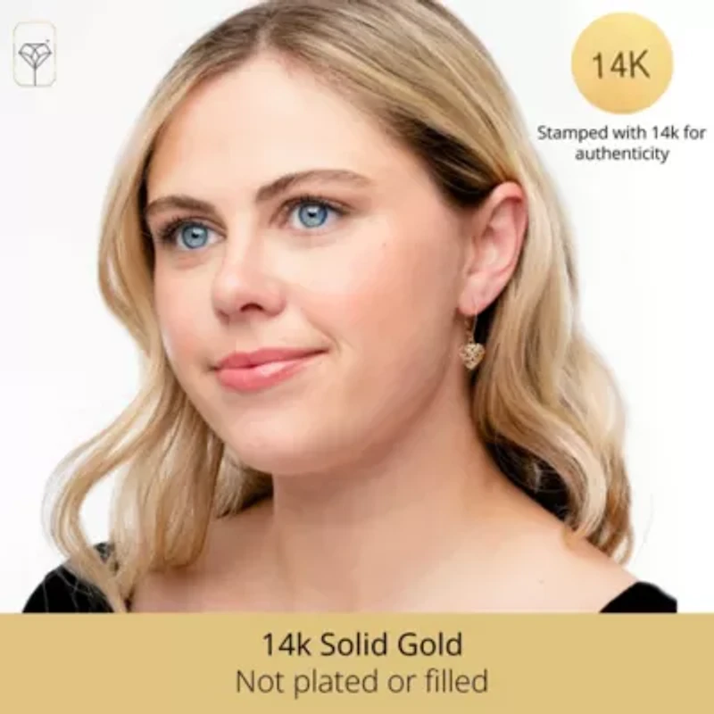 14K Yellow Gold Filigree Heart Shape Dangle Earrings