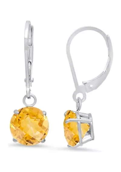 Sterling Silver Round Checkerboard Cut  3.6 ct. t.w. Citrine Lever Back Earrings (8 Millimeter)