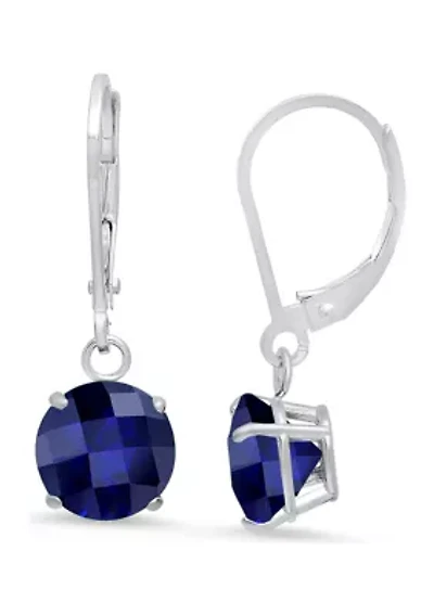 Sterling Silver Round Checkerboard Cut Created Blue Sapphire Leverback Earrings 