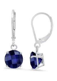 Sterling Silver Round Checkerboard Cut Created Blue Sapphire Leverback Earrings 