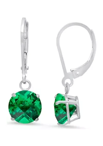 Sterling Silver Round Checkerboard Cut Created Emerald Leverback Earrings 