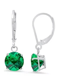 Sterling Silver Round Checkerboard Cut Created Emerald Leverback Earrings 