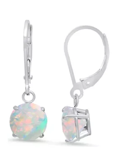Sterling Silver Round Checkerboard Cut Created Opal Leverback Earrings 