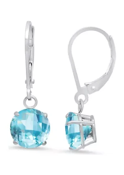 Sterling Silver Round Checkerboard Cut Swiss Blue Topaz Leverback Earrings 