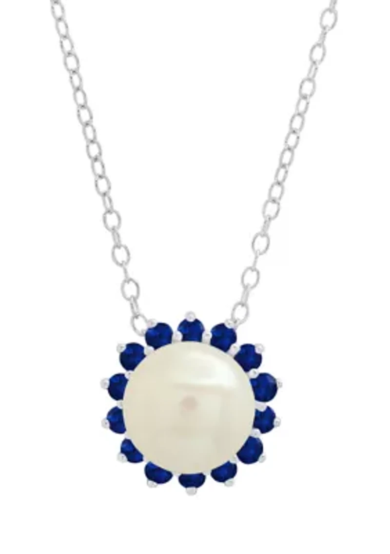 Sterling Silver 9mm Cultured Pearl and Created Blue Sapphire Gemstone Pendant with Cable Chain