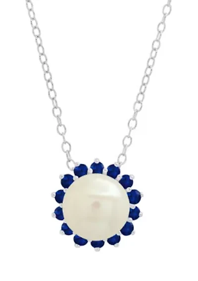 Sterling Silver 9mm Cultured Pearl and Created Blue Sapphire Gemstone Pendant with Cable Chain