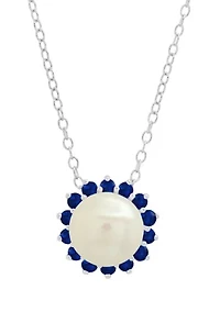 Sterling Silver 9mm Cultured Pearl and Created Blue Sapphire Gemstone Pendant with Cable Chain