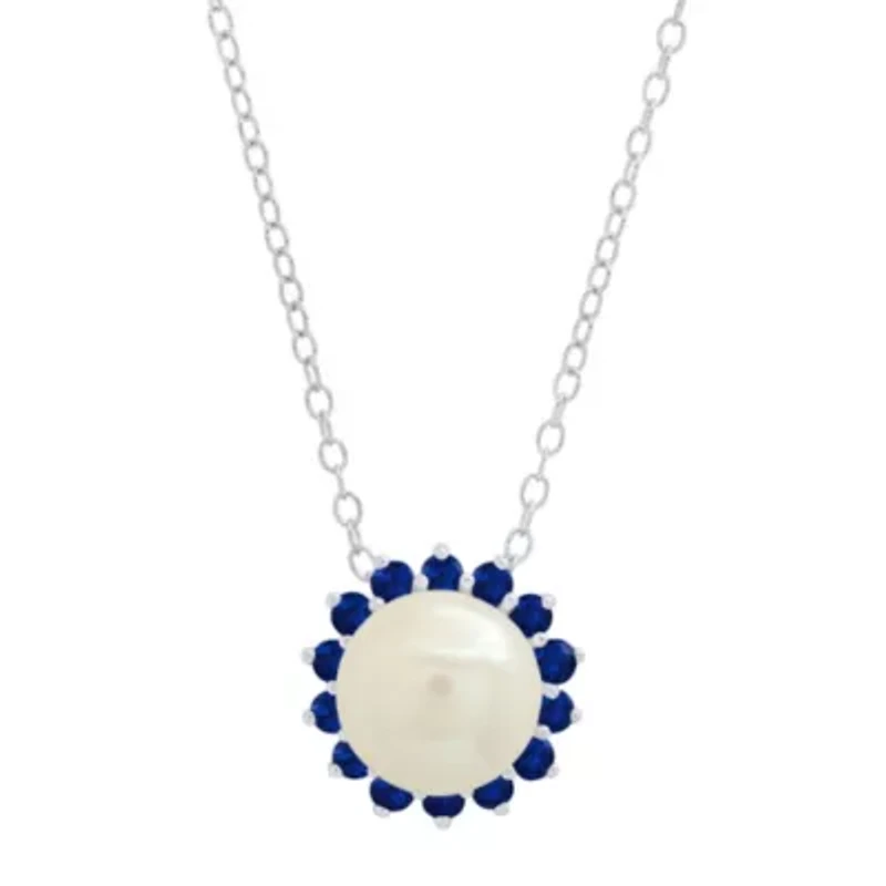 Sterling Silver 9mm Cultured Pearl and Created Blue Sapphire Gemstone Pendant with Cable Chain