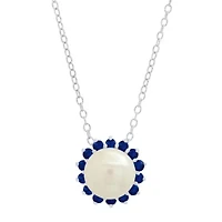 Sterling Silver 9mm Cultured Pearl and Created Blue Sapphire Gemstone Pendant with Cable Chain