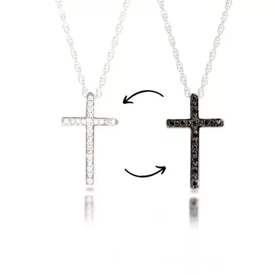 Sterling Silver Diamond Reversible White & Black Diamond Cross Necklace with Adjustable 18” or 20” Rope Chain