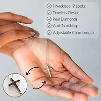 Sterling Silver Diamond Reversible White & Black Diamond Cross Necklace with Adjustable 18” or 20” Rope Chain