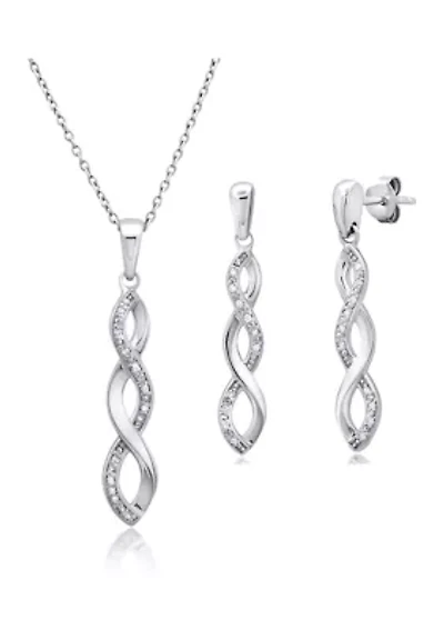 Genuine 1/10 ct. t.w. Diamond Infinity Pendant Necklace and Dangle Earring Set in Sterling Silver, 18 Inch
