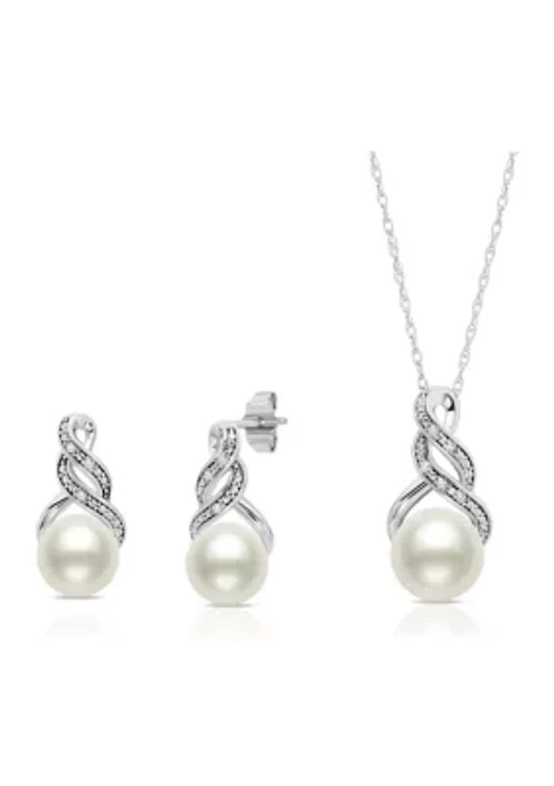 Sterling Silver Cultured Freshwater Pearl and Diamond Accent Pendant Necklace and Drop Earring Jewelry Set