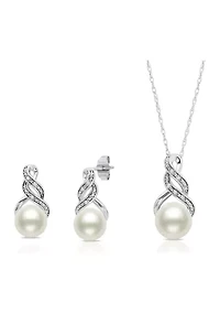 Sterling Silver Cultured Freshwater Pearl and Diamond Accent Pendant Necklace and Drop Earring Jewelry Set