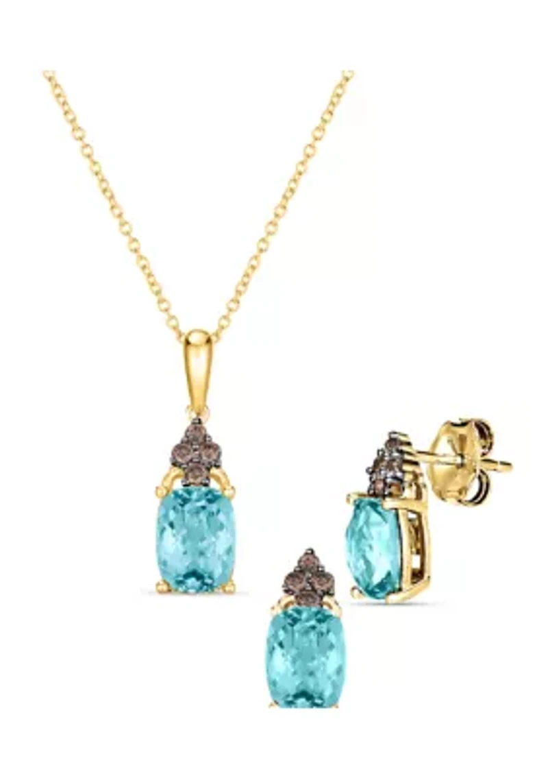 1/5 ct. t.w. Vanilla Diamond® and 2.4 ct. t.w. Aquamarine Pendant Necklace and Earrings Set in 14K Honey Gold™