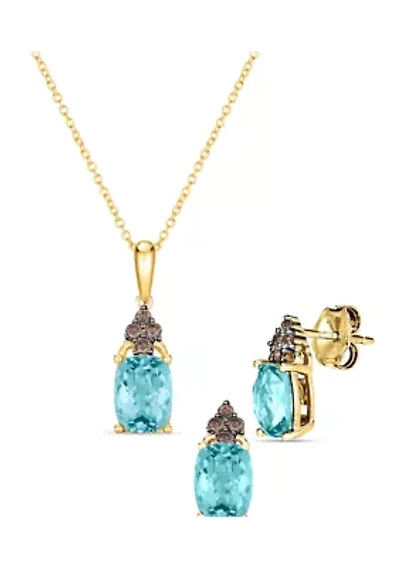 1/5 ct. t.w. Vanilla Diamond® and 2.4 ct. t.w. Aquamarine Pendant Necklace and Earrings Set in 14K Honey Gold™