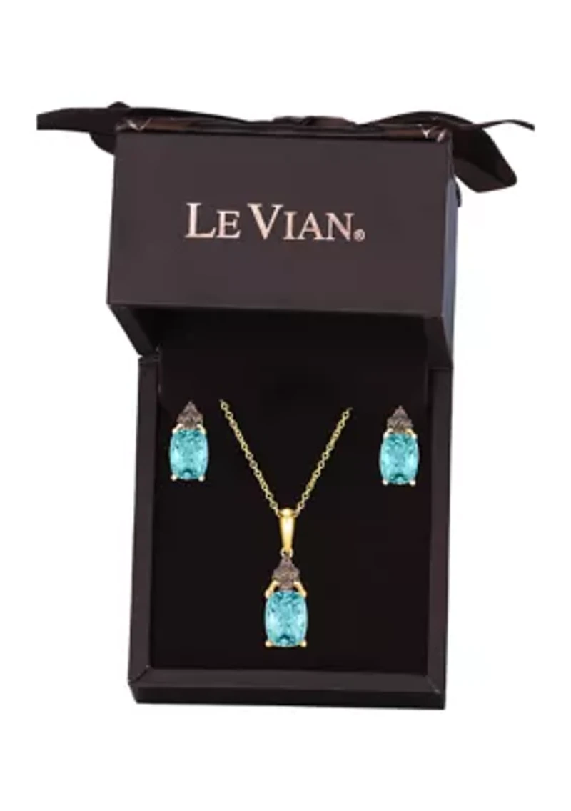 1/5 ct. t.w. Vanilla Diamond® and 2.4 ct. t.w. Aquamarine Pendant Necklace and Earrings Set in 14K Honey Gold™