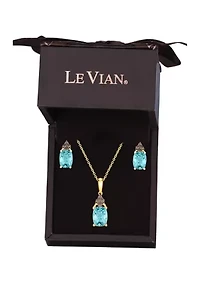 1/5 ct. t.w. Vanilla Diamond® and 2.4 ct. t.w. Aquamarine Pendant Necklace and Earrings Set in 14K Honey Gold™