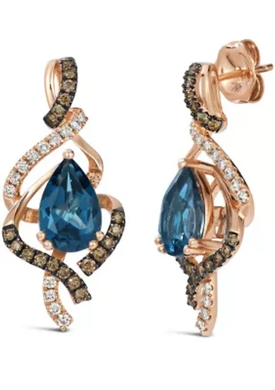 Le Vian® Earrings featuring 2 5/8 cts. Deep Sea Blue Topaz™, 1/3 cts. Chocolate Diamonds®, 1/5 cts. Nude Diamonds™ set in 14K Strawberry Gold®